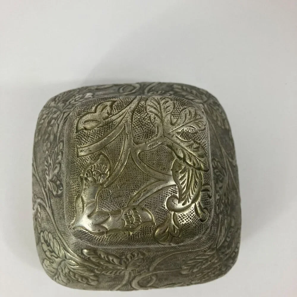 Ornate Indian Handtooled White Brass Flat Top Triangular Pot Lid Made in India 6